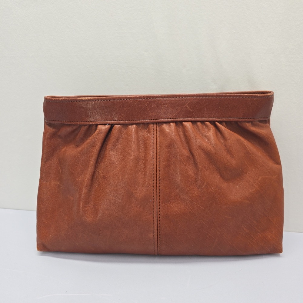 Antonia Vintage Brown Leather Ruched Clutch Bag Cognac Zip Top Pouch